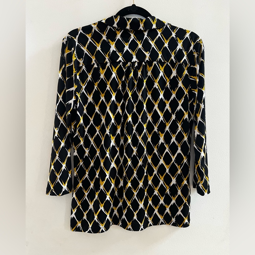 Evan Picone Geometric Print Blouse Medium Black Gold White 3/4 Sleeve Chic Top - Picture 5 of 5
